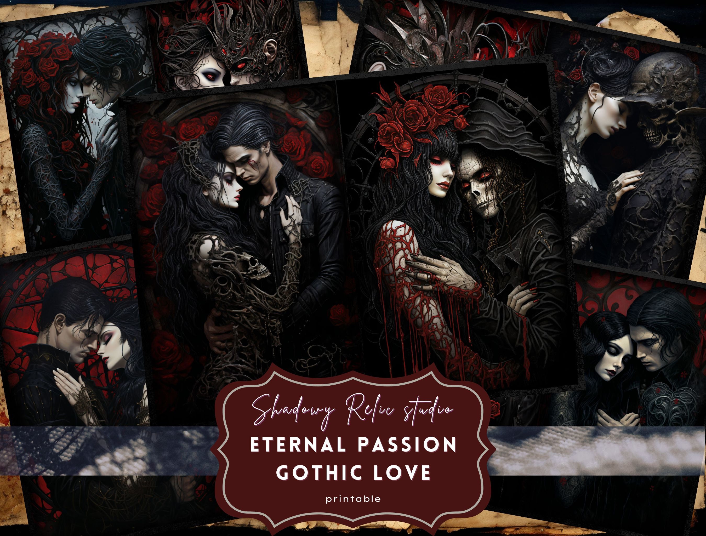Gothic Love Junk Journal Pages Gothic collage sheet scrapbooking cards ephemera Gothic Valentine Love Junk Journal Kit Victorian Love paper
