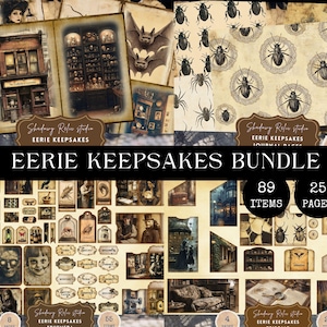 May include: A bundle of gothic-themed ephemera with a vintage aesthetic. The "Eerie Keepsakes Bundle" features illustrations of insects, skulls, and antique shop scenes. The collection includes various papers and tags. It contains 89 items and 25 pages.