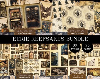 Op de afbeelding: Een verzameling ephemera in vintage stijl met een gotisch thema. De "Eerie Keepsakes Bundle" bevat verschillende papieren, labels en illustraties met insecten, schedels en scènes uit antiekwinkels. Het bevat 89 items en 25 pagina's.