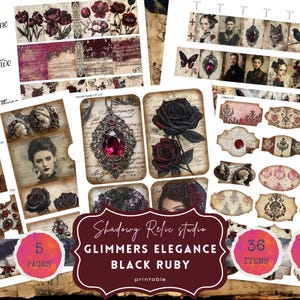 May include: A digital collage sheet with 36 printable items, including roses, a black ruby, a woman in a veil, and ornate frames. The sheet is titled "Glimmers Elegance Black Ruby" and is part of the "Shadowy Relic Studio" collection.