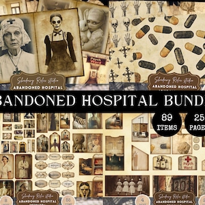 Kit de diario basura de hospital abandonado, efímeras grunge góticas, páginas médicas embrujadas imprimibles, paquete de folio tríptico de papel digital Dark Asylum