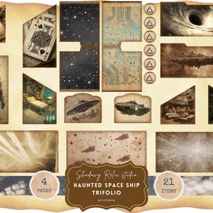 Puede incluir: Una colección de efímeras de temática espacial de estilo vintage, que incluye naipes, un traje espacial e ilustraciones de naves espaciales. El conjunto presenta una paleta de colores oscuros con tonos sepia.