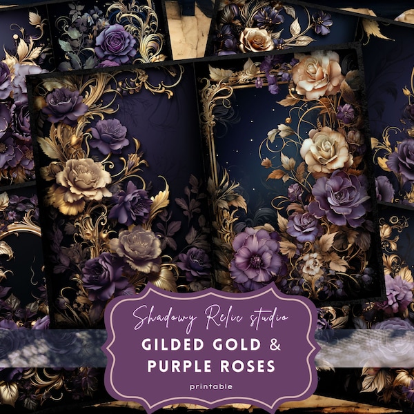 Gold and Purple Roses Junk Journal Pages Gothic collage sheets scrapbooking cards ephemera Gothic Roses Junk Journal Kit Dark Roses paper