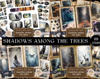 Könnte beinhalten: Ein digitales Collage-Set mit 99 Elementen, die Illustrationen eines Waldes, Bäume, Eulen, Hirsche, Schmetterlinge und einer schwarzen Katze zeigen. Das Set trägt den Titel "Shadows Among the Trees" und ist in drei Bände unterteilt.