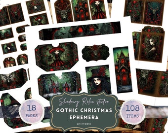 May include: A digital printable set of 108 gothic Christmas ephemera items, including tags, cards, and other decorative elements. The images feature a dark, whimsical style with red, black, and green colors. The text "Shadowy Relic Studio Gothic Christmas Ephemera printable" is included in the image.
