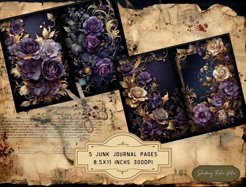 Gold and Purple Roses Junk Journal Pages Gothic Collage Sheets ...
