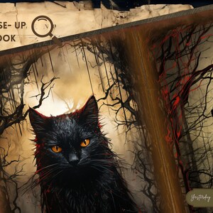 May include: A black cat with glowing red eyes stands in a dark forest setting. The cat is covered in blood and the trees are bare with red streaks on the branches. The text "Yesterday Art Studio" is visible in the bottom right corner.
