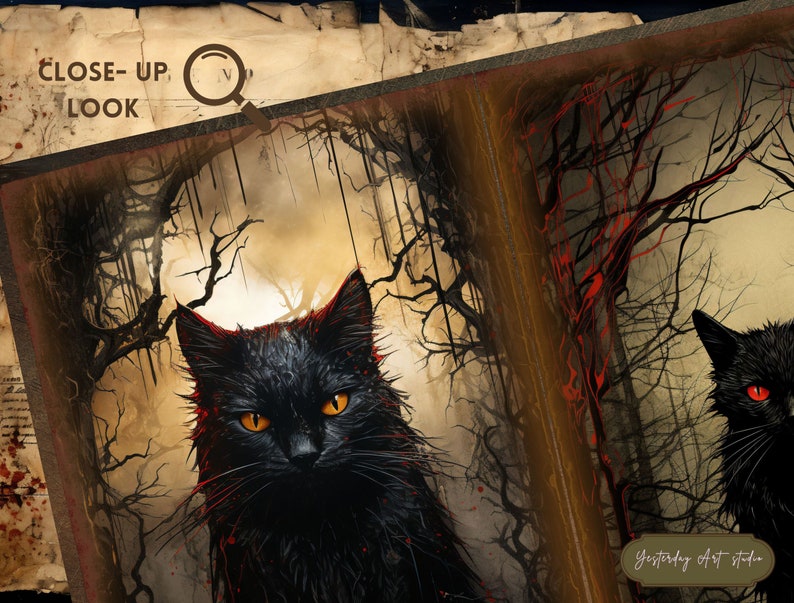 May include: A black cat with glowing red eyes stands in a dark forest setting. The cat is covered in blood and the trees are bare with red streaks on the branches. The text "Yesterday Art Studio" is visible in the bottom right corner.