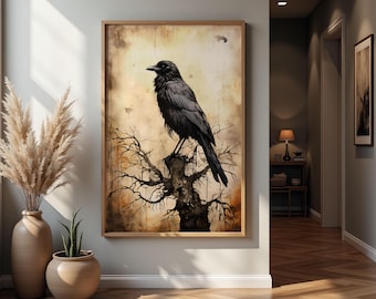 Art mural imprimable vintage corbeau, peinture de mauvaise humeur, impression numérique, impression académique sombre, art mural gothique, impression corbeau gothique, décoration cottage sombre swa80