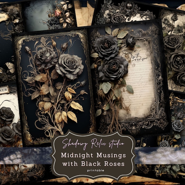 Black Roses Junk Journal Pages Gothic collage sheets scrapbooking cards ephemera Gothic Roses Junk Journal Kit Dark Roses journaling pages