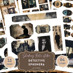 Junk Journal Kit Detective Junk Journal Pages scrapbooking card Crime Investigation ephemera Mystery Case File Victorian Collage Sheet