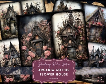 May include: A collage of eight images featuring gothic-style houses covered in pink roses and vines. The text "Shadowy Relic Studio Arcadia Gothic Flower House printable" is at the bottom of the collage.