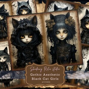 Gothic Black Cat Girls Junk Journal Pages Gothic printable Pages collage sheets scrapbooking cards papers ephemera Dark Spooky Journal kits
