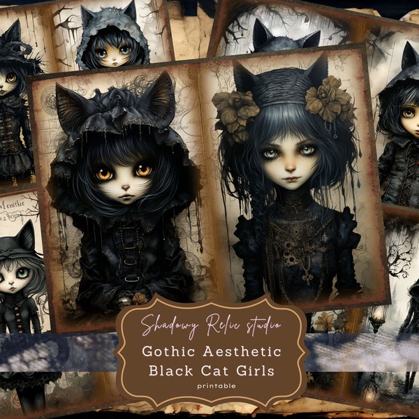 Gothic Black Cat Girls Junk Journal Pages Gothic printable Pages collage sheets scrapbooking cards papers ephemera Dark Spooky Journal kits