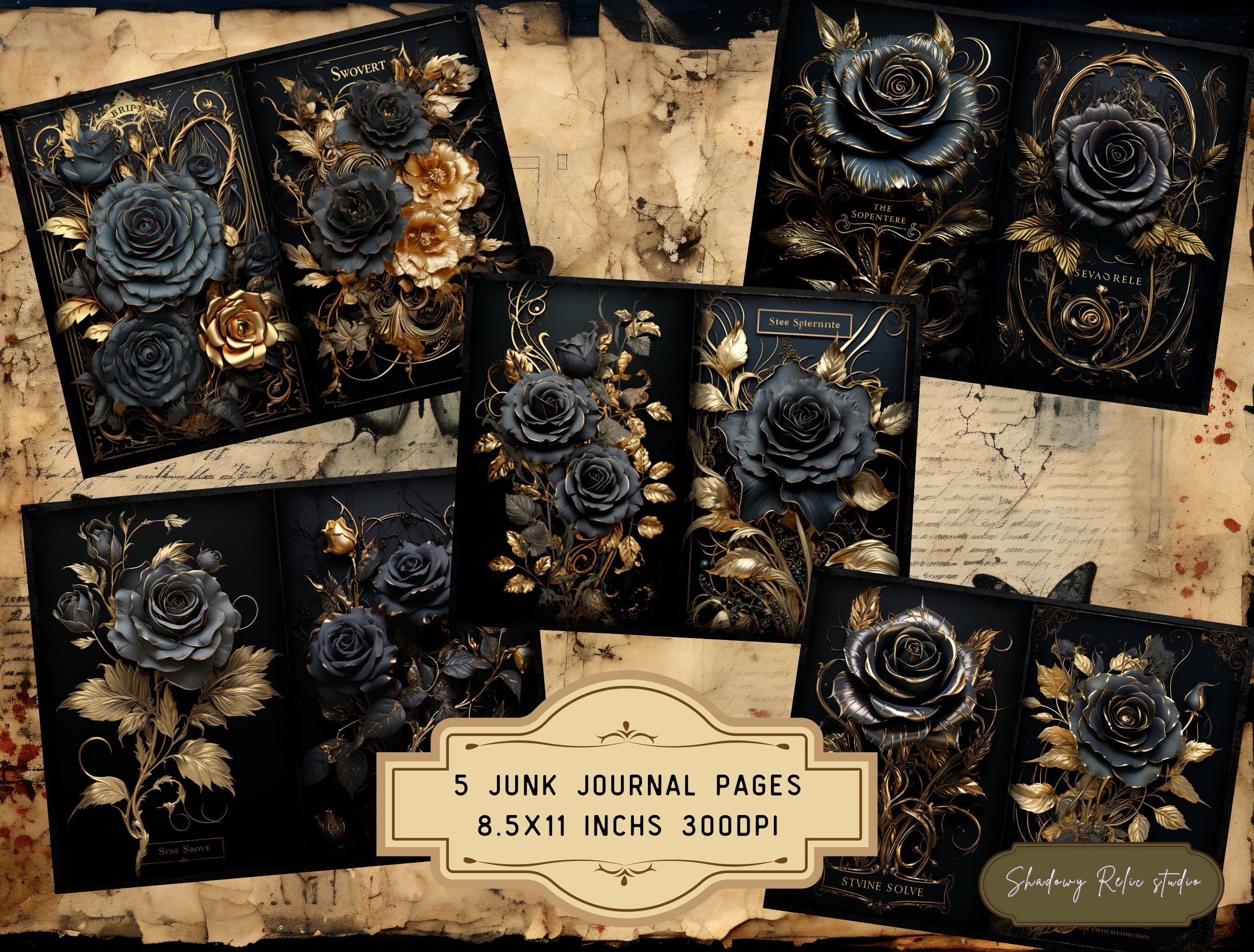 Black Gold Roses Junk Journal Pages Gothic Collage Sheets Scrapbooking ...