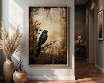 Art mural imprimable vintage corbeau, peinture de mauvaise humeur, impression numérique, impression académique sombre, art mural gothique, impression corbeau gothique, décoration cottage sombre swa80