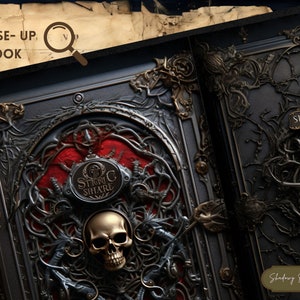 May include: Close-up of a dark, ornate book cover with a skull and the words "STING SHARE" embossed on the front. The cover is decorated with intricate metalwork and a red background.