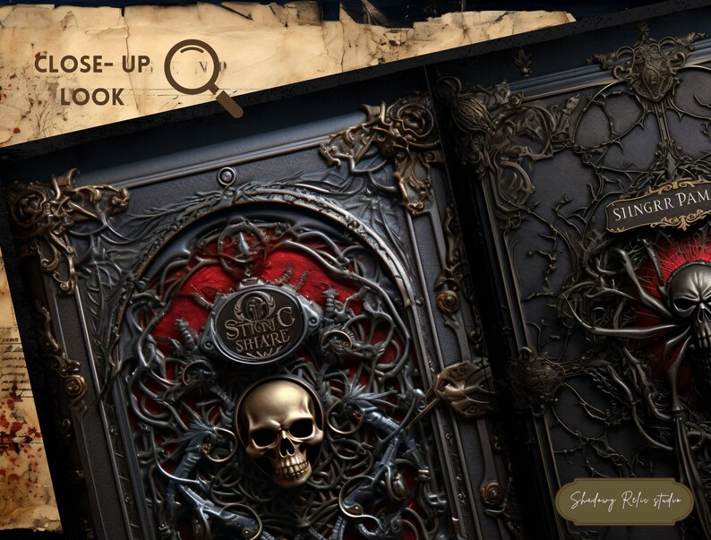 May include: Close-up of a dark, ornate book cover with a skull and the words "STING SHARE" embossed on the front. The cover is decorated with intricate metalwork and a red background.