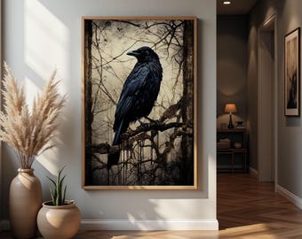 Art mural imprimable vintage corbeau, peinture de mauvaise humeur, impression numérique, impression académique sombre, art mural gothique, impression corbeau gothique, décoration cottage sombre swa80