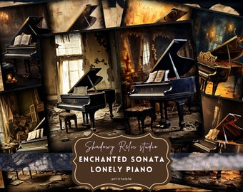 Lonely Piano Junk Journal Pages Gothic printable Pages collage sheets scrapbooking cards papers ephemera Gothic Piano Junk Journal kit