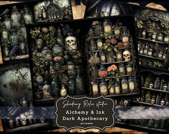 May include: A collage of four images featuring dark, antique apothecary jars filled with various herbs, flowers, and other ingredients. The jars are arranged on shelves and tables, with a skull and crow appearing in some of the images. The text "Shadowy Relic Studio Alchemy & Ink Dark Apothecary printable" is displayed at the bottom of the collage.