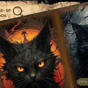 May include: A black cat with glowing orange eyes stares intensely at the viewer. The cat is surrounded by a dark, swirling background with a hint of orange in the center.