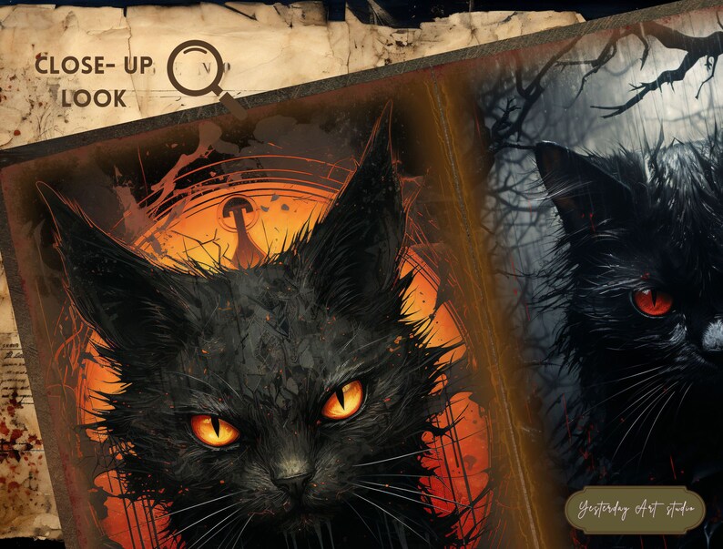 May include: A black cat with glowing orange eyes stares intensely at the viewer. The cat is surrounded by a dark, swirling background with a hint of orange in the center.