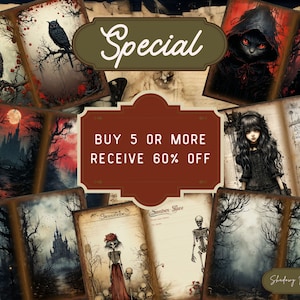 May include: A collage of digital art images featuring dark, gothic, and spooky themes. The images include a castle, owls, skeletons, and a girl with long black hair. The text "Special" and "Buy 5 or more receive 60% off" is displayed on the collage.