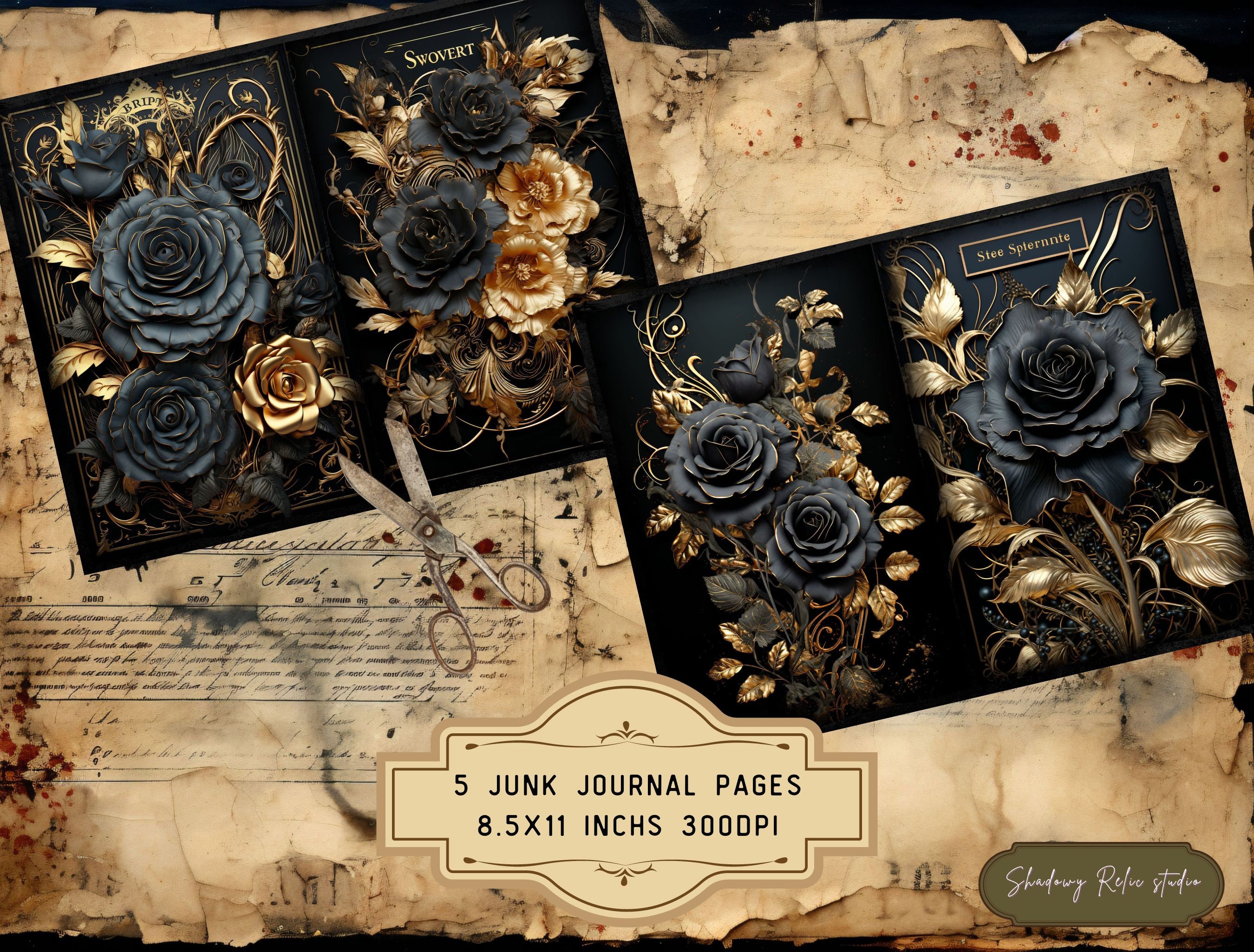 Black Gold Roses Junk Journal Pages Gothic Collage Sheets Scrapbooking ...
