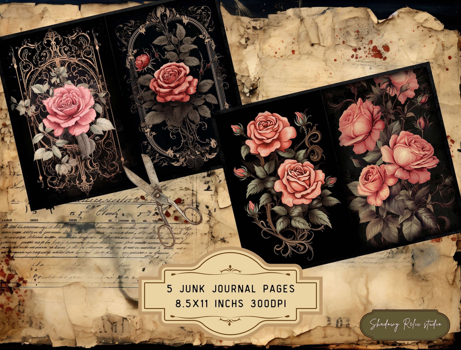 Gothic Vintage Roses Shabby Junk Journal Paper Gothic Collage Sheets ...