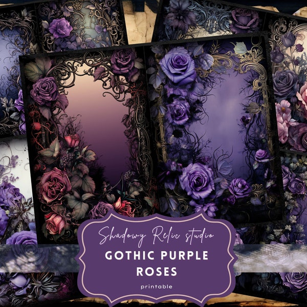 Gothic Purple Roses Junk Journal Pages Gothic collage sheets scrapbooking cards ephemera Gothic Roses Junk Journal Kit Dark Roses paper
