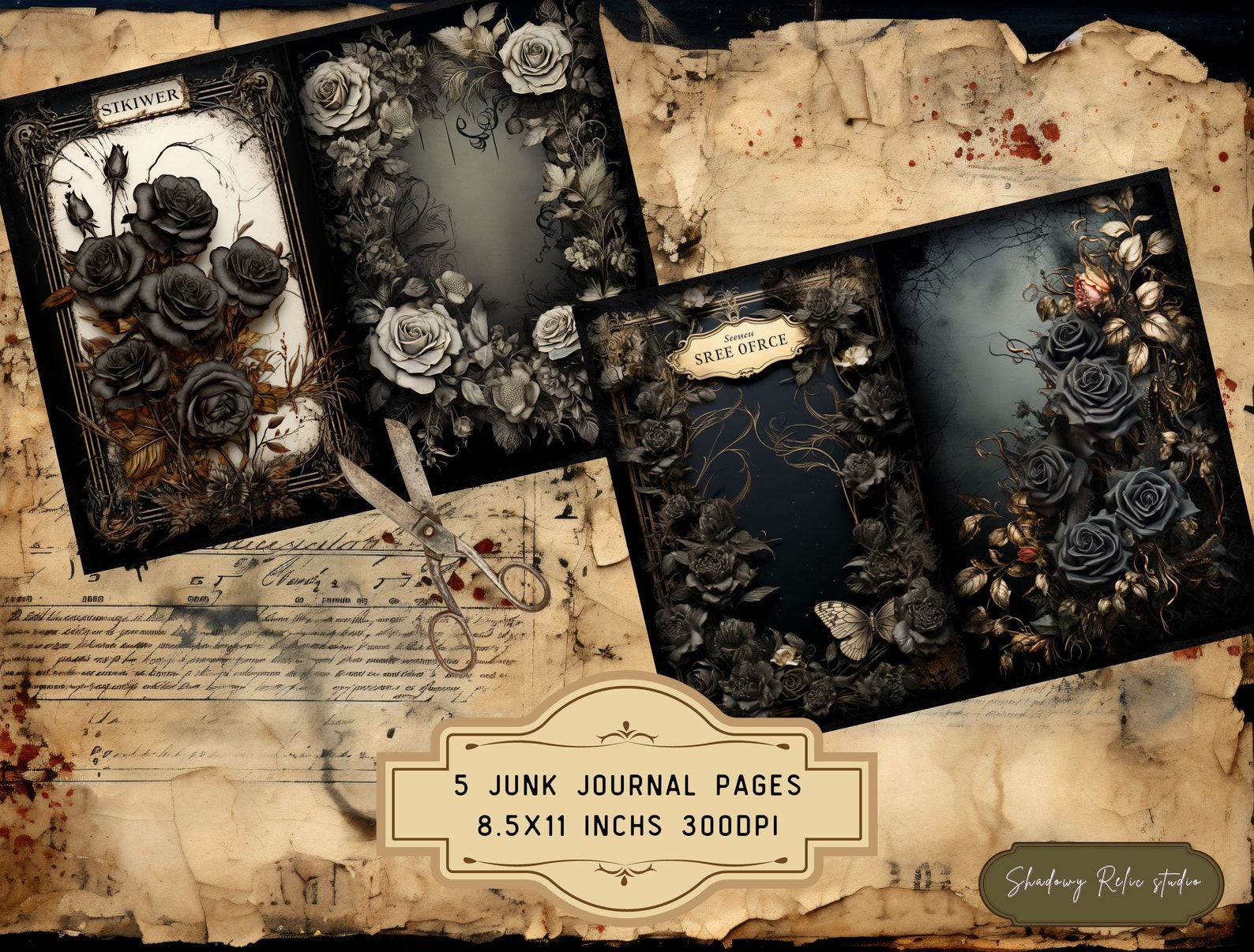 Black Roses Junk Journal Pages Gothic Collage Sheets Scrapbooking Cards ...