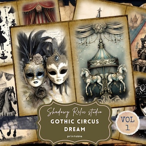 Pages gothiques pour journal de bordel de cirque Pages imprimables gothiques feuilles de collage, cartes de scrapbooking, papiers de carnaval éphémères, Circus Junk Journal, kits
