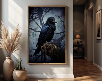 Art mural imprimable vintage corbeau, peinture de mauvaise humeur, impression numérique, impression académique sombre, art mural gothique, impression corbeau gothique, décoration cottage sombre swa80