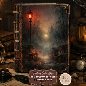 Può includere: Un diario in stile vintage con una copertina raffigurante una scena di strada cupa e suggestiva con un lampione rosso. Il diario ha un aspetto vissuto, con angoli in metallo e una rilegatura con spago. Il testo "The Hollow Between Journal Pages" è visibile.