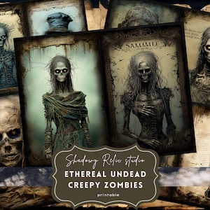 Puede incluir: Un conjunto de tarjetas de arte digital imprimibles con espeluznantes zombies no muertos etéreos. Las tarjetas son de estilo vintage con un fondo desgastado y presentan varios zombies femeninos con piel pálida, ojos oscuros y cabello largo y fluido. Las tarjetas están tituladas "Ethereal Undead Creepy Zombies" y están etiquetadas con nombres como "Seombre", "Dinelmemmet" y "Sammee".
