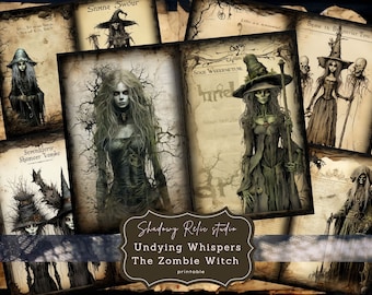 Può includere: Un collage digitale di immagini che mostrano una strega zombie con un vestito verde e un cappello a punta. Le immagini sono su uno sfondo di vecchia pergamena con testo in caratteri gotici. Il testo include le parole "Sevenlilerin Shamcer Vamke", "Snmne Swour", "SOCE WELLRNETINU", "Same th Sarier Tourien", e "Shadowy Relic studio Undying Whispers The Zombie Witch printable".