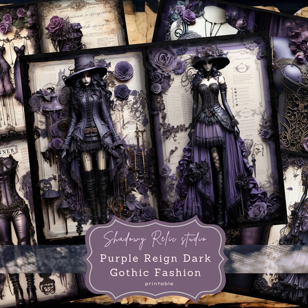 Gothic Purple Fashion Junk Journal Pages Gothic Couture Junk Journal Kit Gothic collage sheets scrapbooking cards ephemera Regal Victorian