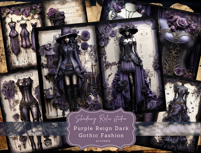 Gothic Purple Fashion Junk Journal Pages Gothic Couture Junk Journal Kit Gothic collage sheets scrapbooking cards ephemera Regal Victorian image 1