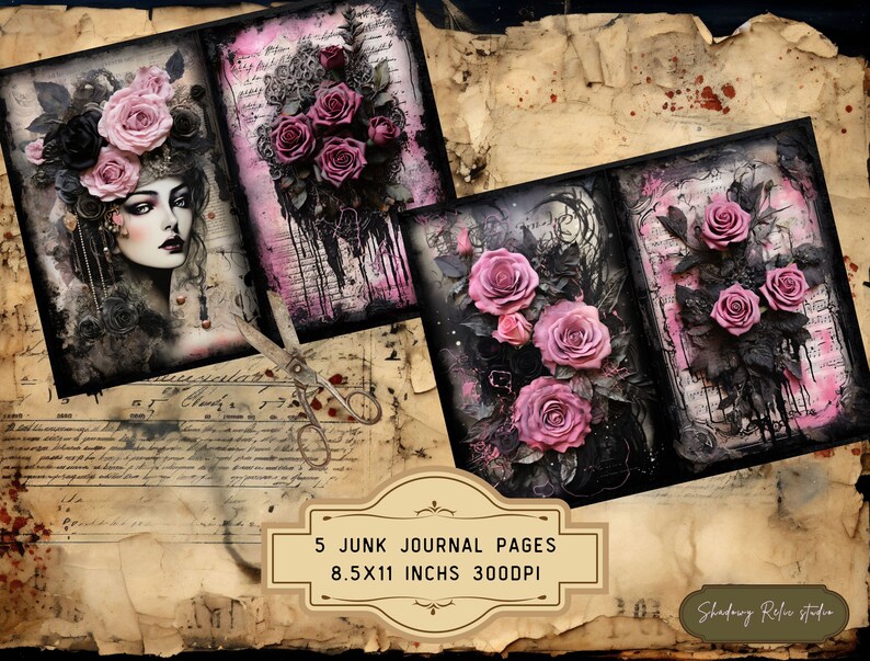 Gothic Black Pink Roses Junk Journal Pages Gothic Collage Sheets ...