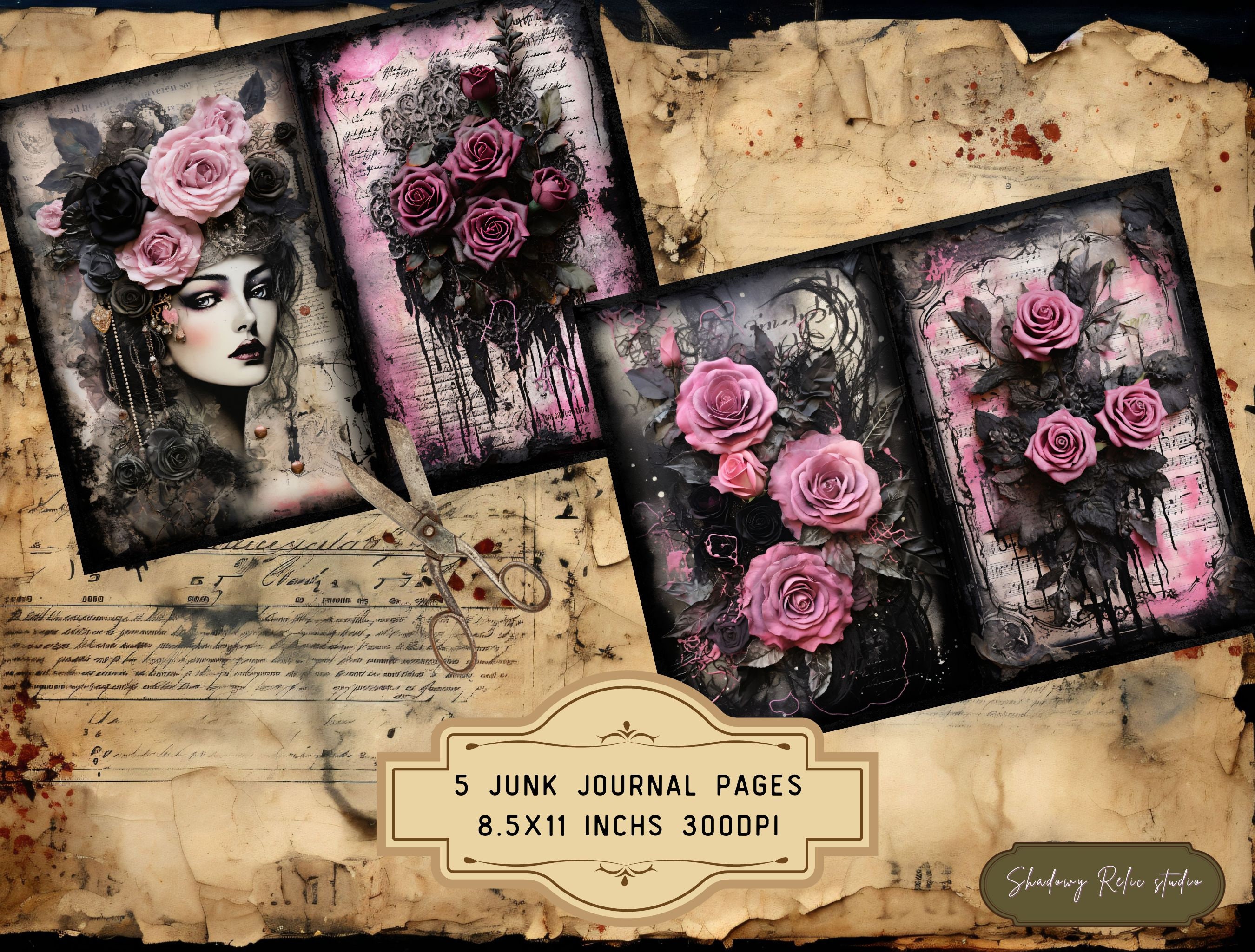 Gothic Black Pink Roses Junk Journal Pages Gothic Collage Sheets ...