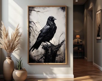 Art mural imprimable vintage corbeau, peinture de mauvaise humeur, impression numérique, impression académique sombre, art mural gothique, impression corbeau gothique, décoration cottage sombre swa80