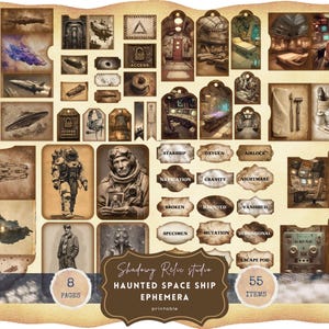 Puede incluir: Una colección de efímeras de estilo vintage con temática de nave espacial embrujada. Incluye etiquetas, ilustraciones de naves espaciales, astronautas y paneles de control. El texto incluye "Haunted Space Ship Ephemera" y "55 Items".