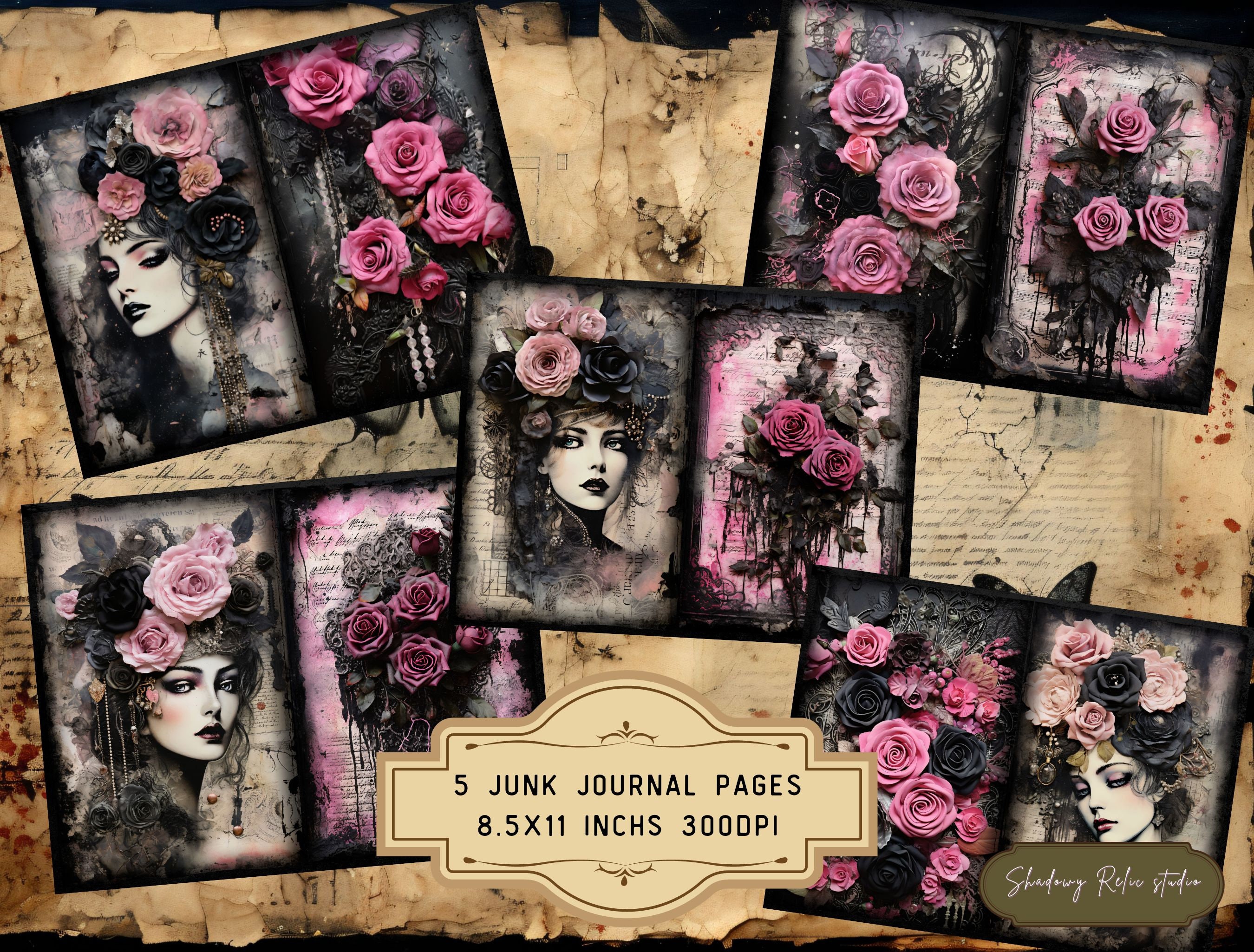 Gothic Black Pink Roses Junk Journal Pages Gothic Collage Sheets ...