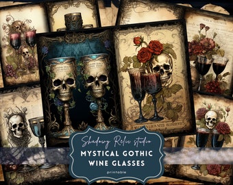 Peut inclure: Feuille de collage numérique imprimable avec 10 images de verres à vin gothiques avec des motifs de crânes et de fleurs. Les images sont sur un fond vintage avec le texte "Mystical Gothic Wine Glasses".