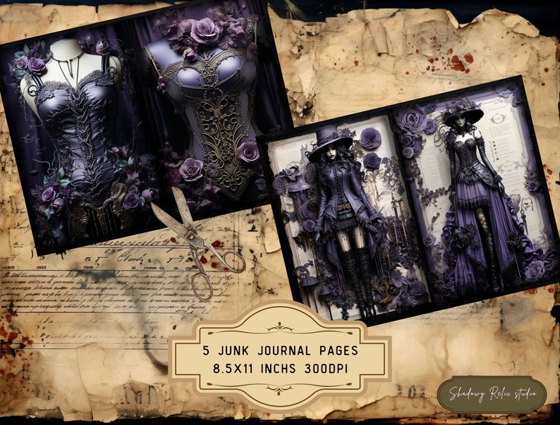 Gothic Purple Fashion Junk Journal Pages Gothic Couture Junk Journal Kit Gothic collage sheets scrapbooking cards ephemera Regal Victorian image 5