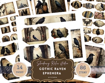 Gothic Raven Junk Journal Pages Hoja de collage gótico tarjetas de scrapbooking Dark Witch ephemera Black Raven Junk Journal Kit Black Raven Crow