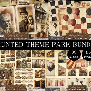 Kit de carnet de bord pour le parc à thème hanté, éphémères imprimables de carnaval gothique, manèges effrayants, folio de clowns, jeux et attractions fantomatiques BUNDLE