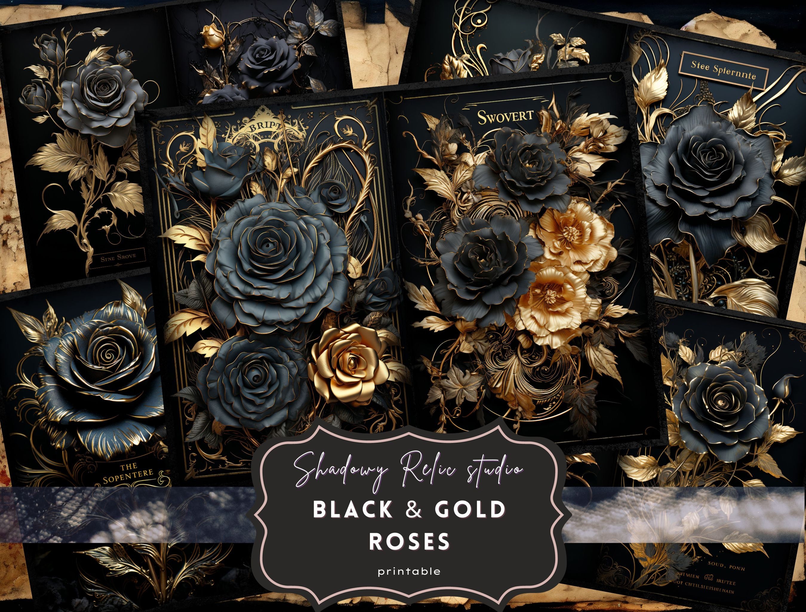 Black Gold Roses Junk Journal Pages Gothic Collage Sheets Scrapbooking ...