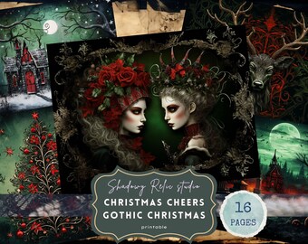 May include: A digital printable pack of 16 gothic Christmas themed images. The images feature a dark green and red color scheme with illustrations of a gothic church, a Christmas tree, a deer, and two women with red roses in their hair. The text "Shadowy Relic Studio Christmas Cheers Gothic Christmas printable" is included in the image.